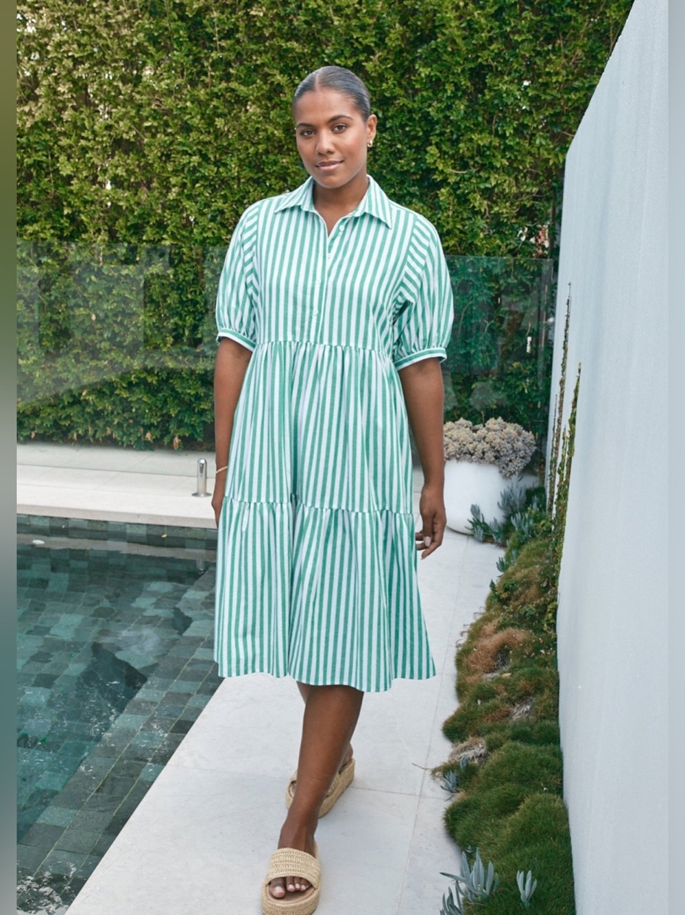 MAYE Marnie Shirtdress in Apple Green White Stripes Size Large NWT